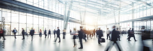 blurred business people walking at a trade fair, conference or walking in a modern hall