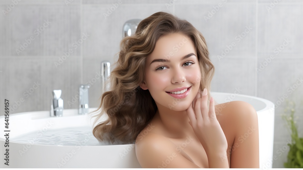 Happy young woman taking bubble bath, generative ai Happy young woman taking bubble bath, generative ai