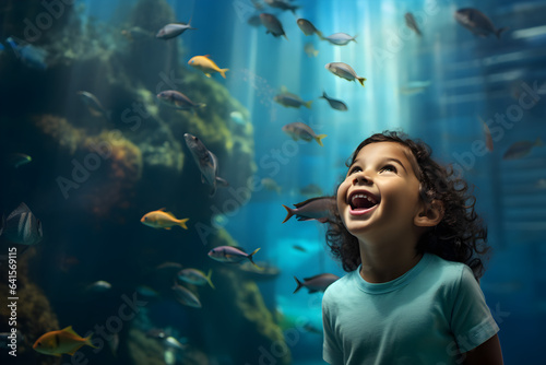 happy young child in public aquarium watching the fish photo