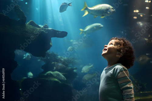 happy young child in public aquarium watching the fish © sam