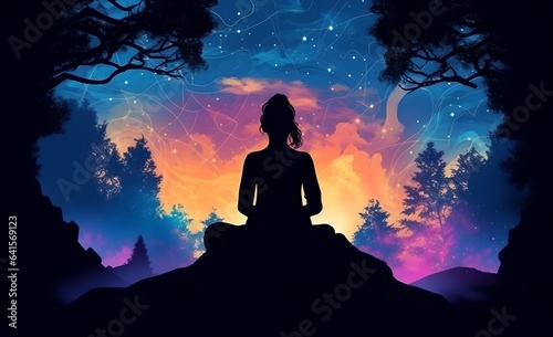 Woman meditating, generative ai image of female finding balance and releasing stress.