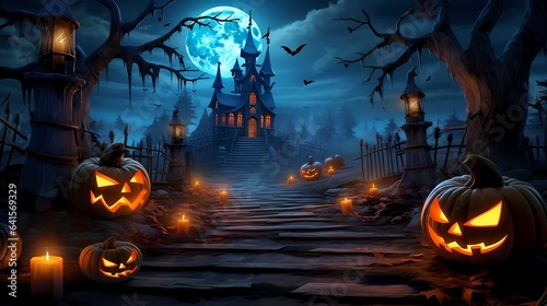 ハロウィンのイラスト、かぼちゃのおばけのいる余白の広い背景