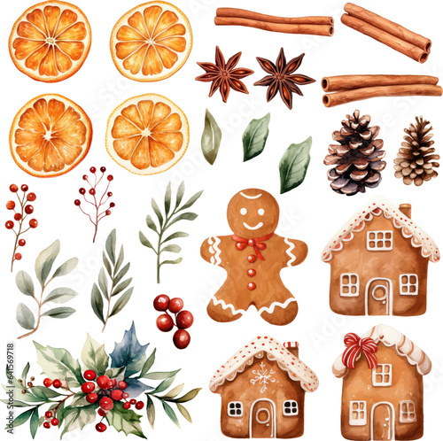 Canvastavla set of christmas spices and ginger bread watercolor vector illustration