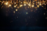 Christmas warm gold garland lights over dark background with glitter overlay, Generative AI