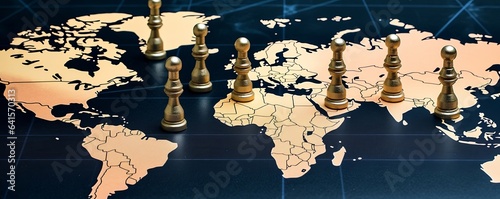 concept of geopolitics or worldwide economy. chess figures placed on map banner, Generative AI