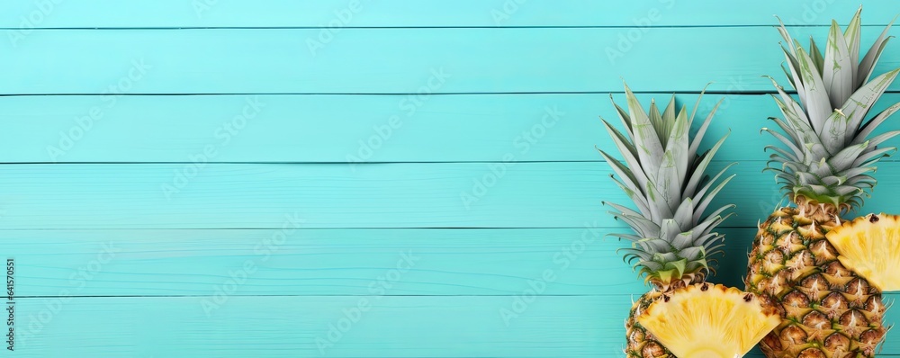 Ripe pineapple and beach sea life style objects over pastel mint blue wooden background. Tropical summer vacation concept. banner, Generative AI - obrazy, fototapety, plakaty 