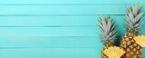Ripe pineapple and beach sea life style objects over pastel mint blue wooden background. Tropical summer vacation concept. banner, Generative AI