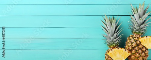 Ripe pineapple and beach sea life style objects over pastel mint blue wooden background. Tropical summer vacation concept. banner, Generative AI photo