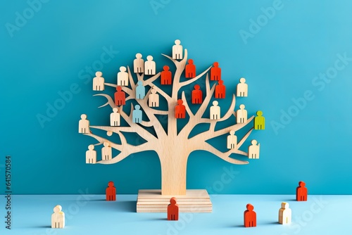 Business image of wooden tree with people icons over blue table, human resources and management concept, Generative AI