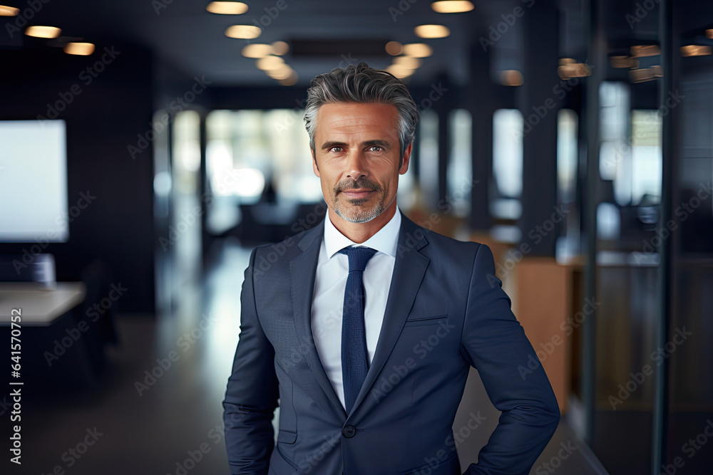 Fototapeta premium Happy handsome proud stylish mid aged mature professional business man ceo, successful confident smiling good looking male executive wearing suit standing in office looking at camera, portrait.