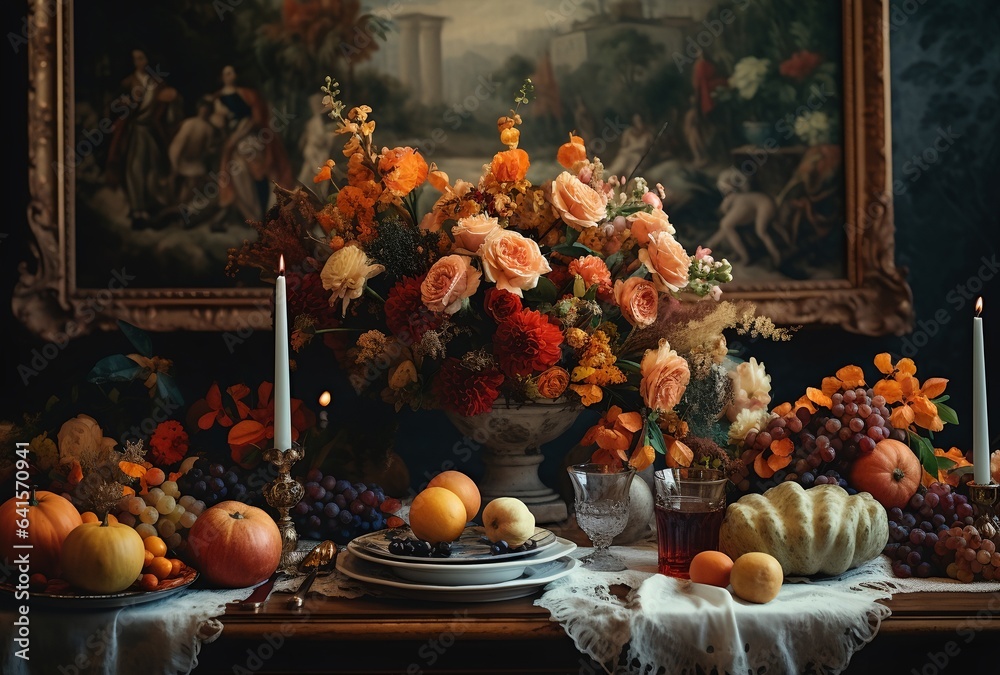 Thanksgiving table setting, elegant dinner table with pumpkins and candles generative ai.