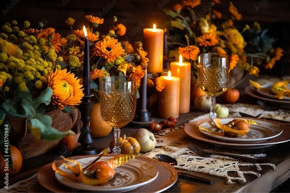 Thanksgiving table setting, elegant dinner table with pumpkins and candles generative ai. Thanksgiving table setting, elegant dinner table with pumpkins and candles generative ai.