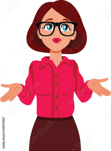 Clueless Vector Smart Office Woman Cartoon Character Design. Stressed teacher rising her shoulders feeling undecided 

