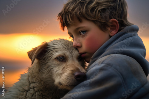 Child and dog share a contemplative moment on a serene beach at twilight generative ai