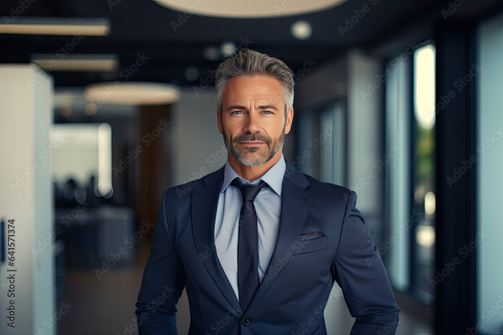 Fototapeta premium Happy handsome proud stylish mid aged mature professional business man ceo, successful confident smiling good looking male executive wearing suit standing in office looking at camera, portrait.