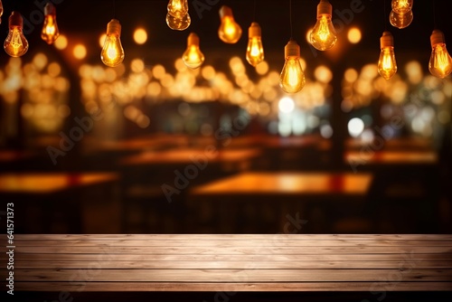 Image of wooden table in front of abstract blurred restaurant lights background, Generative AI