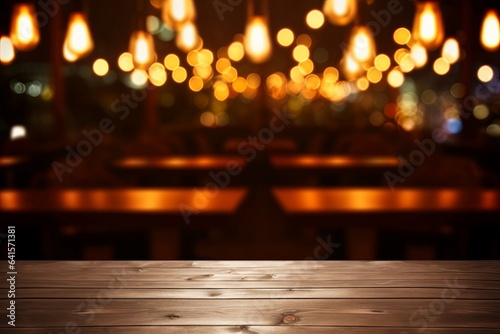 Image of wooden table in front of abstract blurred restaurant lights background, Generative AI © Frame Fusion