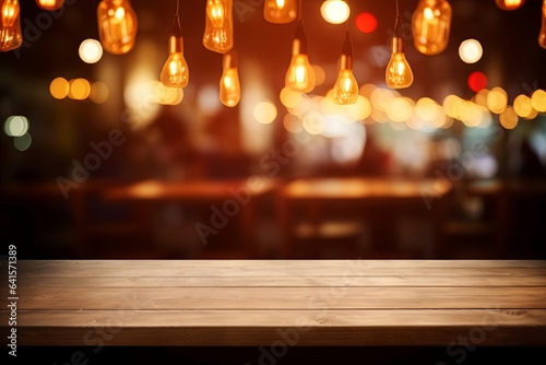 Image of wooden table in front of abstract blurred restaurant lights background, Generative AI