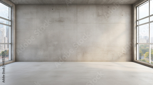 Blank wall in bright concrete office with large window. Generative AI