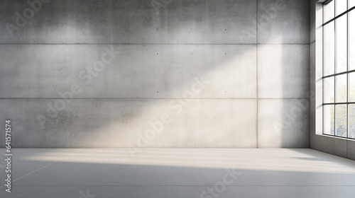 Blank wall in bright concrete office with large window. Generative AI © Yellow