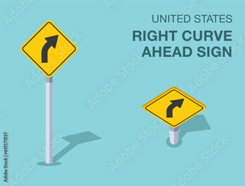 Traffic regulation rules. Isolated United States right curve ahead sign. Front and top view. Flat vector illustration template.