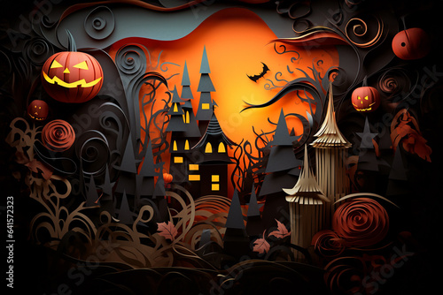 Halloween background in paper cut style. A spooky forest with pumpkin on a scary halloween night. Generative AI.
