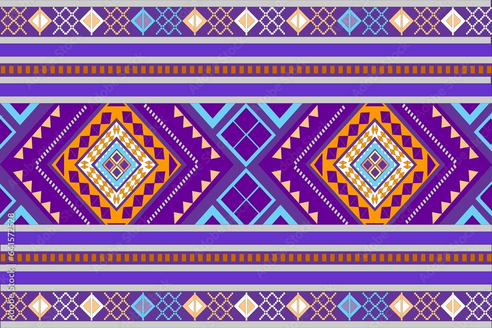 Purple, yellow and navy blue tribal fabric, background image.