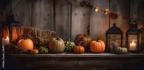 Thanksgiving decorations with pumpkins on rustic wooden planks, generative ai.