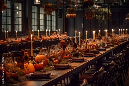 Thanksgiving table setting, elegant dinner table with pumpkins and candles generative ai. © inspiretta