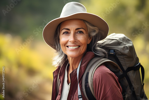 happy retired senior woman hiking in nature enjoying retirement