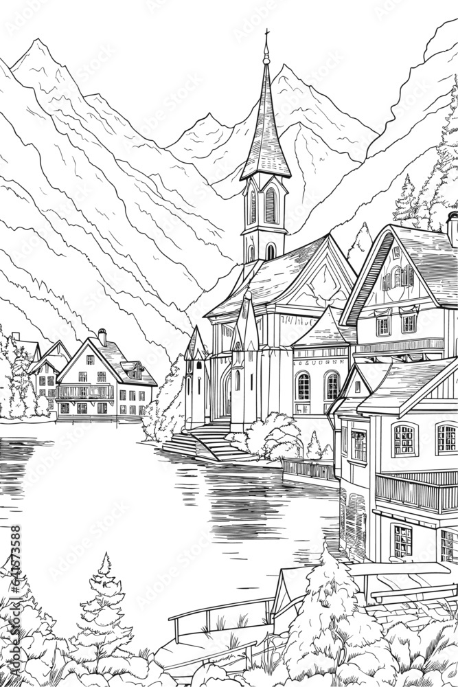 Austria Hallstatt village cityscape black and white coloring page for adults. Upper Austria buildings, lake, street, landmarks vector outline doodle sketch for anti stress color book