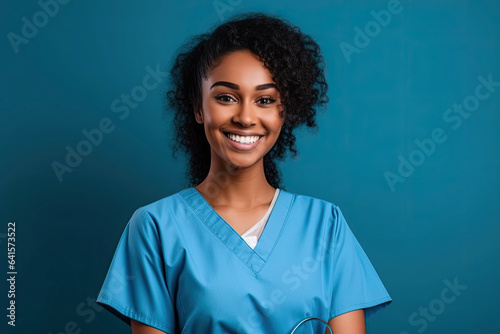Beautiful African American Female Pediatric Nurse with solid blue background photo