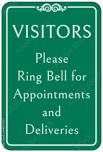 Ring bell sign and labels visitors, please ring bell for appointments and deliveries