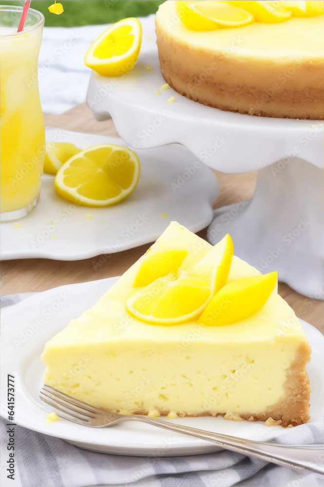 Summer breakfast cheesecake and lemonade. Generative AI.