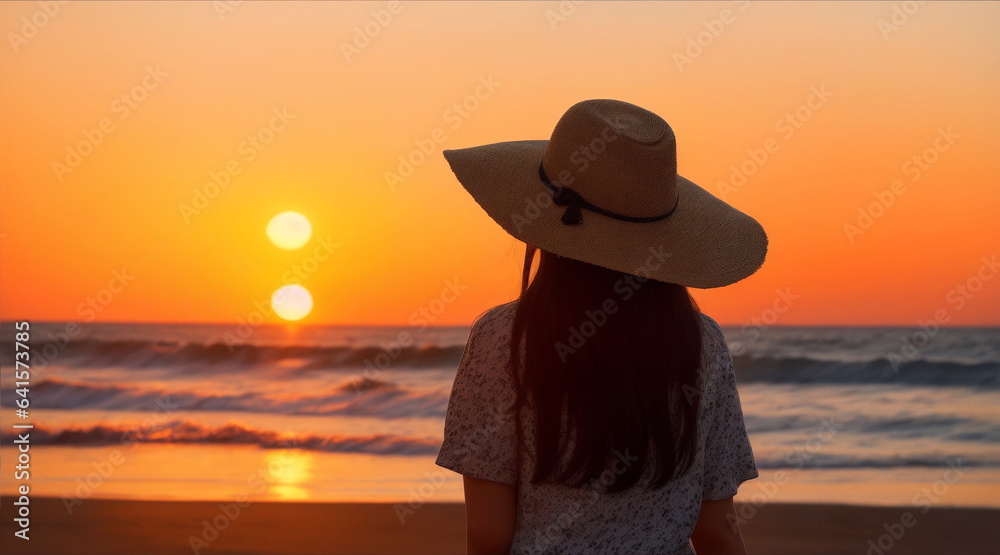 A girl in a hat stands on the background of a beach looking at s