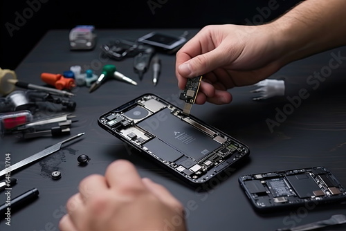 Technician repair smartphone on desk, components broken, clipping path