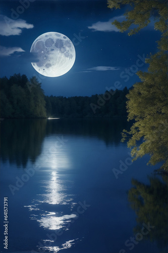 A night summer day, with the moon shining down on a peaceful lak