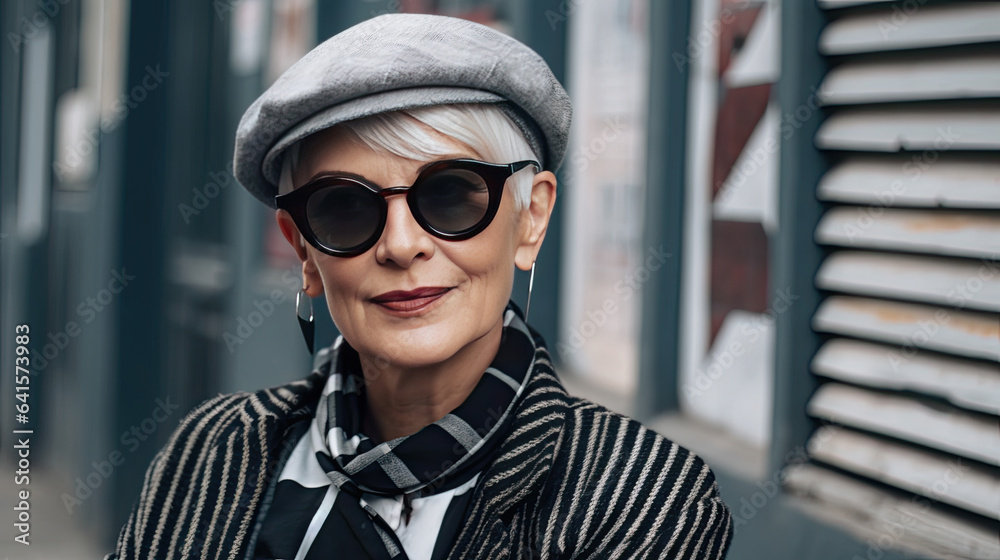 Hipster senior woman wearing glasses and fashionable hat outdoors portrait. Hipster senior woman wearing glasses and fashionable hat outdoors portrait.