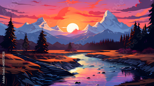 sunset over the mountains, sunset in forest illustration. Generative AI   © Akash Tholiya