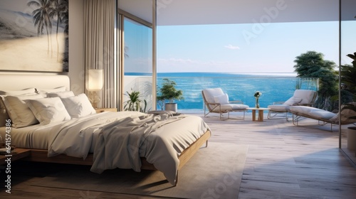 Bedroom with sea view and balcony with ocean view. © sirisakboakaew