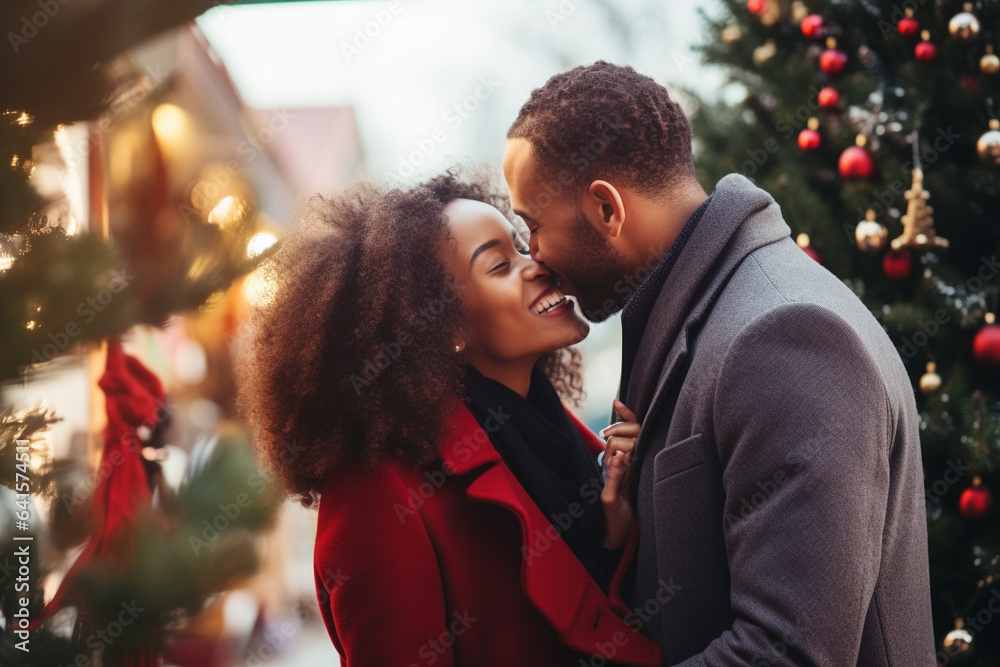 Fototapeta premium Happy couple kissing under the mistletoe at Christmas. 