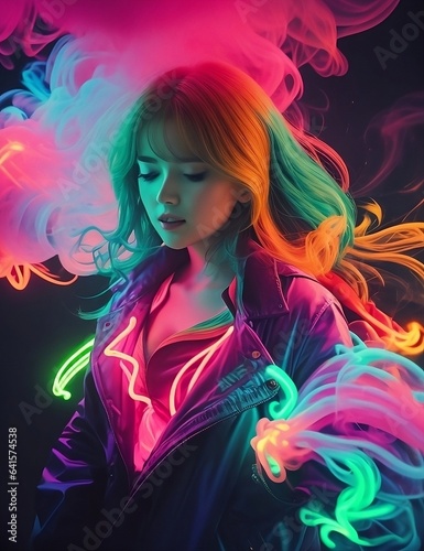 A illustration of a woman, surrounded by a neon-coloured smoke