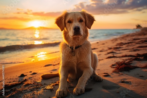 Dog on the beach with sunset in the background