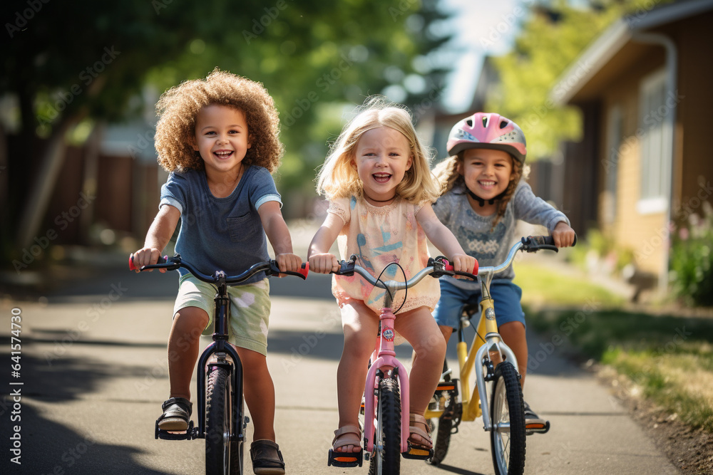 Fototapeta premium Kids cycling on a residential street. 