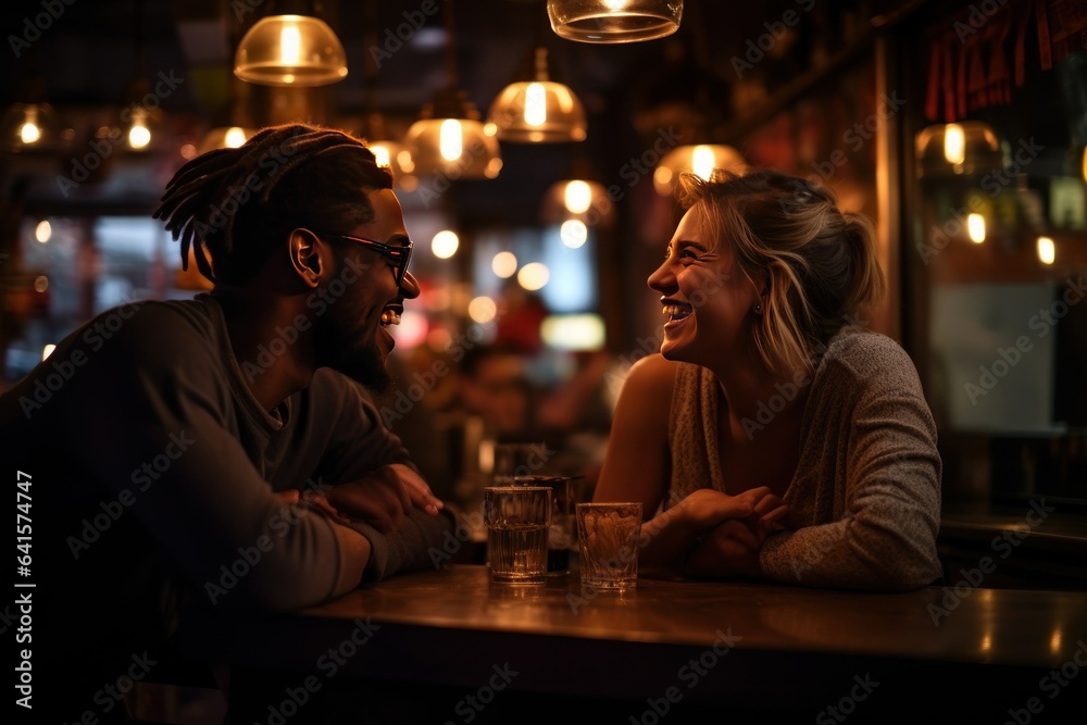 Romantic Ambiance Mirth Fills Air As Couple Sits At Bar
