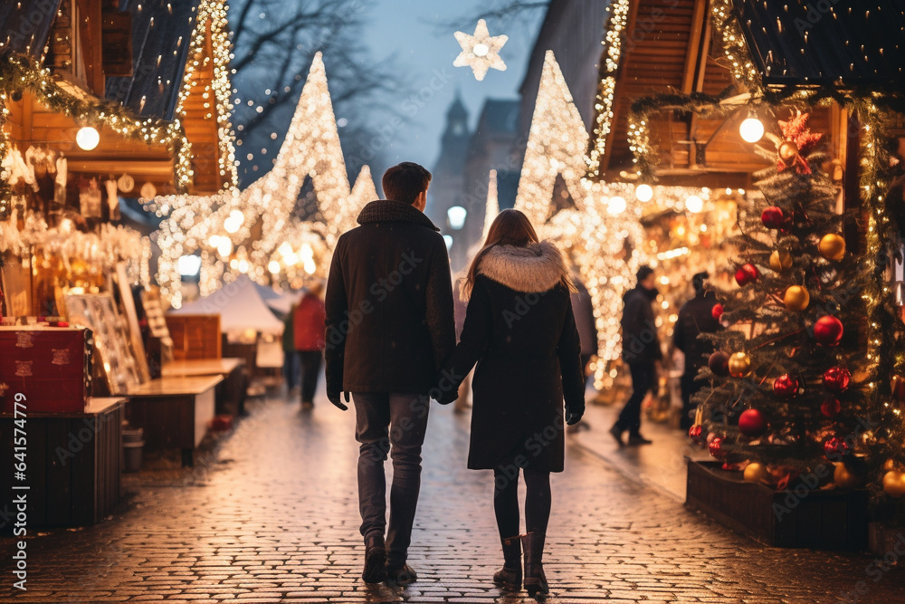 Happy couple walking through a Christmas Market at night. 