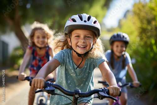 Kids cycling on a residential street. 