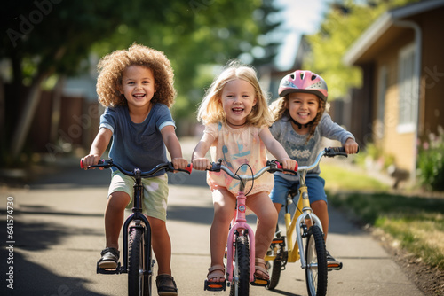 Kids cycling on a residential street. 