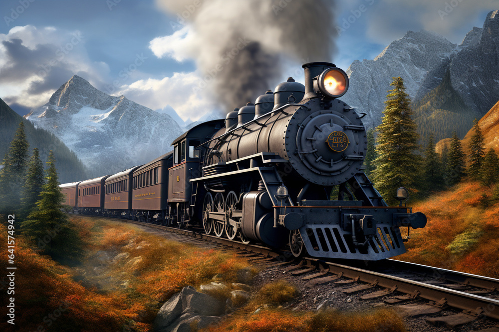 Fototapeta premium Old steam powered train traveling in mountain region. 
