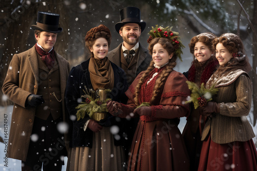 Christmas carollers in victorian outfits in winter time.  photo